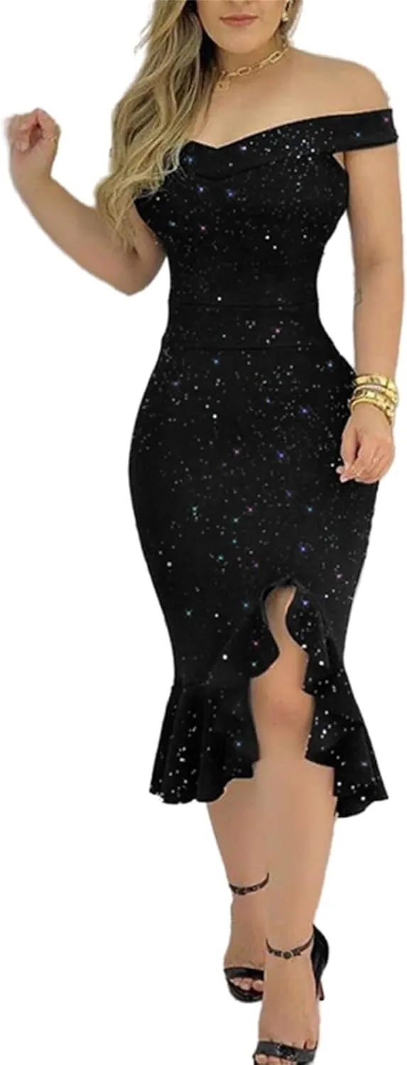 Women's Party Club Midi Dress Elegant Off Shoulder Sleeveless Dress Cocktail Evening Party Night Fishtail Dresses