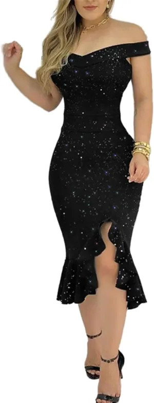 Women's Party Club Midi Dress Elegant Off Shoulder Sleeveless Dress Cocktail Evening Party Night Fishtail Dresses