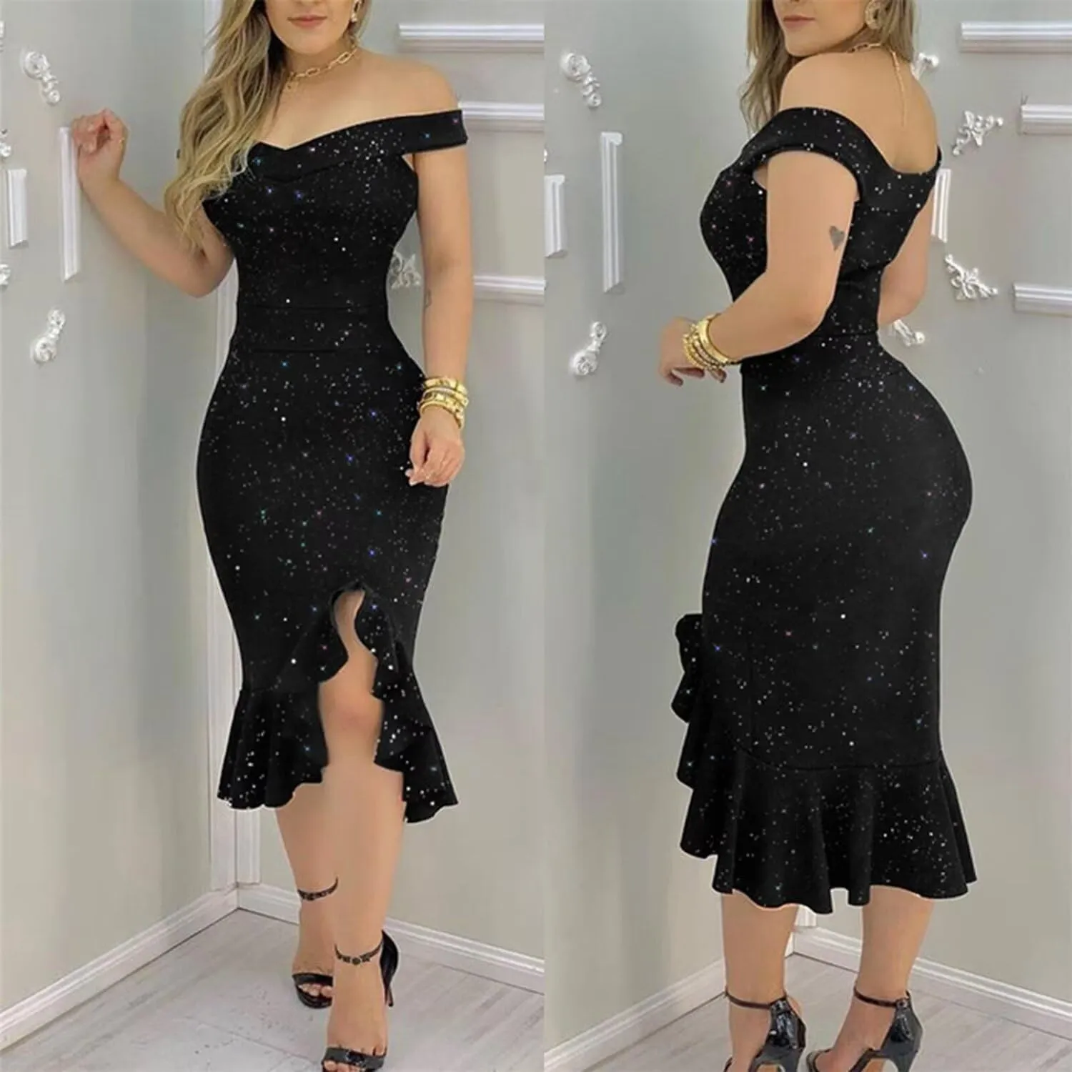 Women's Party Club Midi Dress Elegant Off Shoulder Sleeveless Dress Cocktail Evening Party Night Fishtail Dresses
