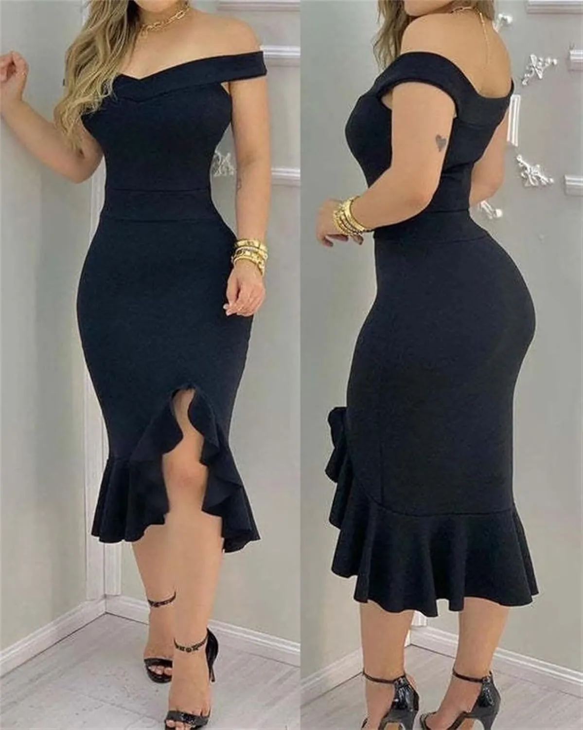 Women's Party Club Midi Dress Elegant Off Shoulder Sleeveless Dress Cocktail Evening Party Night Fishtail Dresses