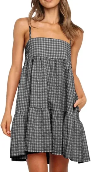 Womens Plaid A-line Dresses Shoulder Straps Ruffle Hem Casual Mini Dress with Side Pocket