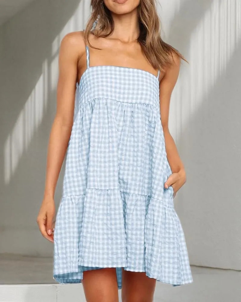 Womens Plaid A-line Dresses Shoulder Straps Ruffle Hem Casual Mini Dress with Side Pocket