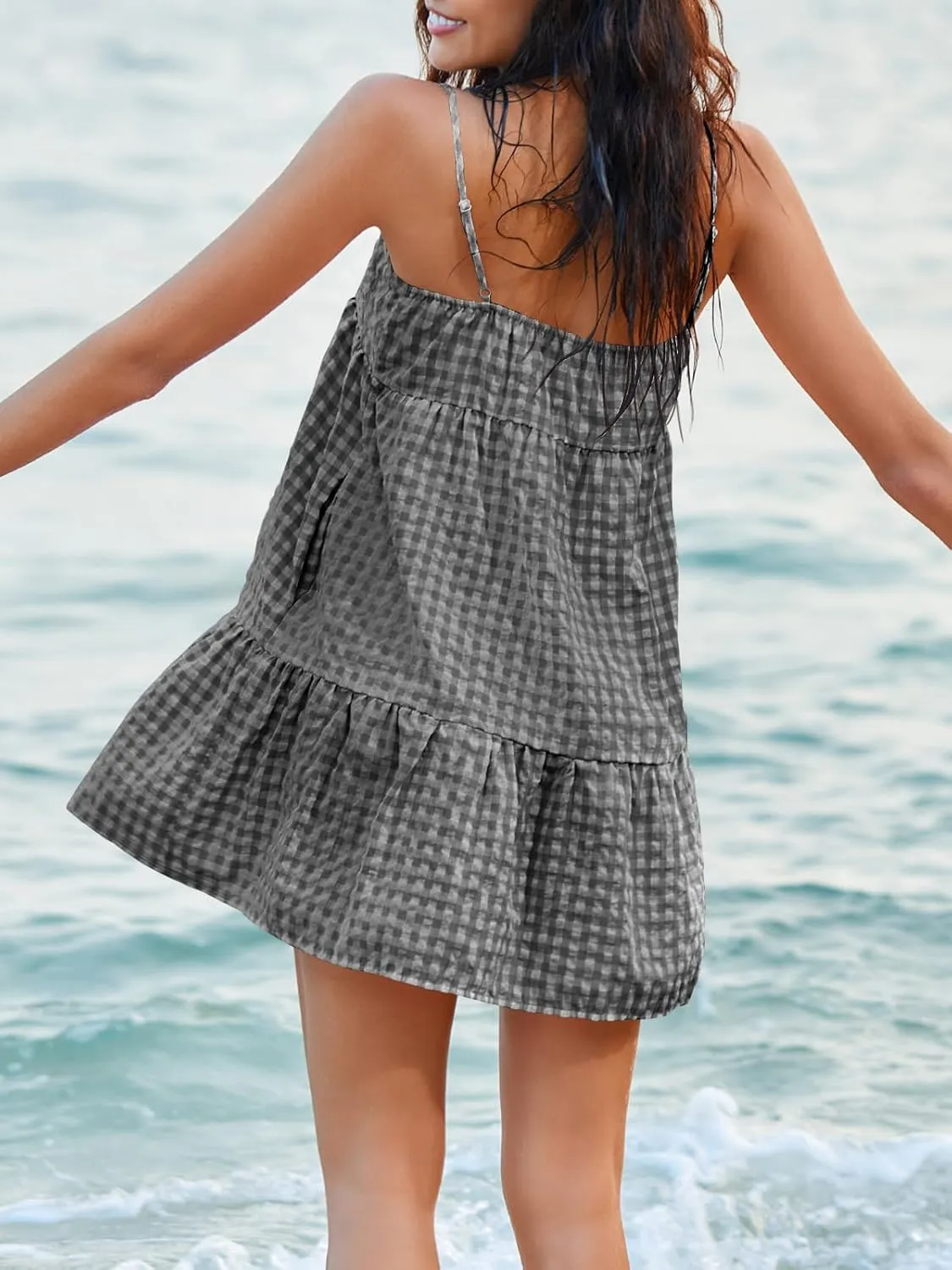 Womens Plaid A-line Dresses Shoulder Straps Ruffle Hem Casual Mini Dress with Side Pocket