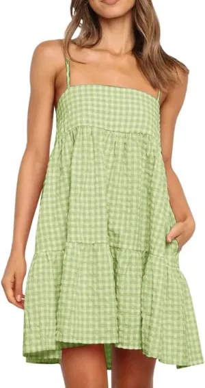 Womens Plaid A-line Dresses Shoulder Straps Ruffle Hem Casual Mini Dress with Side Pocket