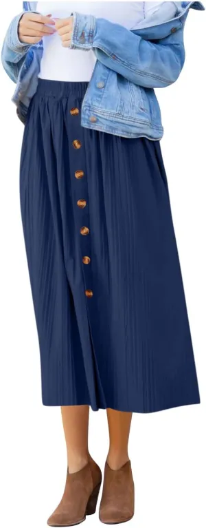 Women's Pleated Midi Skirt Flowy Summer Pleated High Waisted Casual Button Front Skirts with Pockets