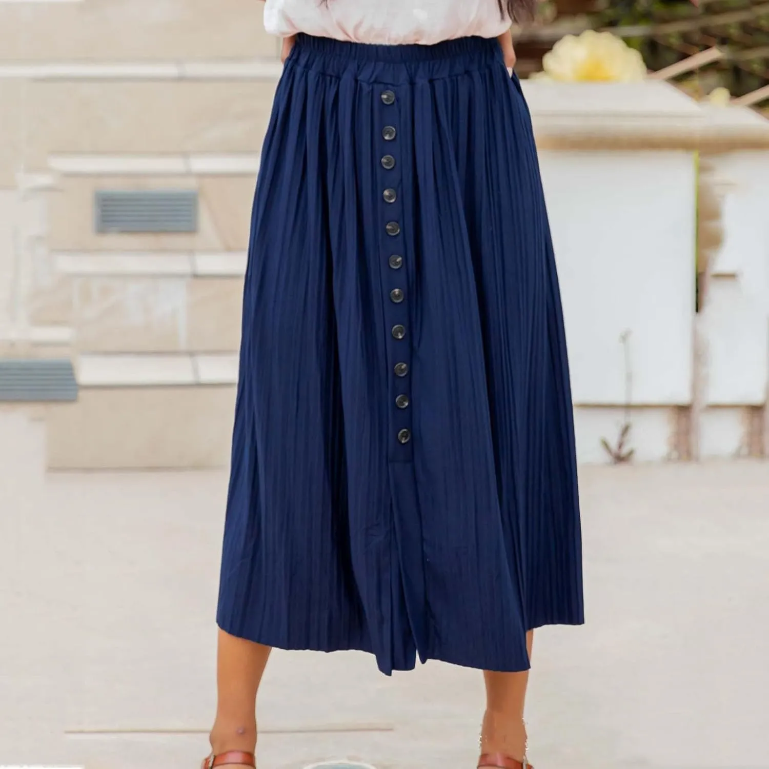 Women's Pleated Midi Skirt Flowy Summer Pleated High Waisted Casual Button Front Skirts with Pockets