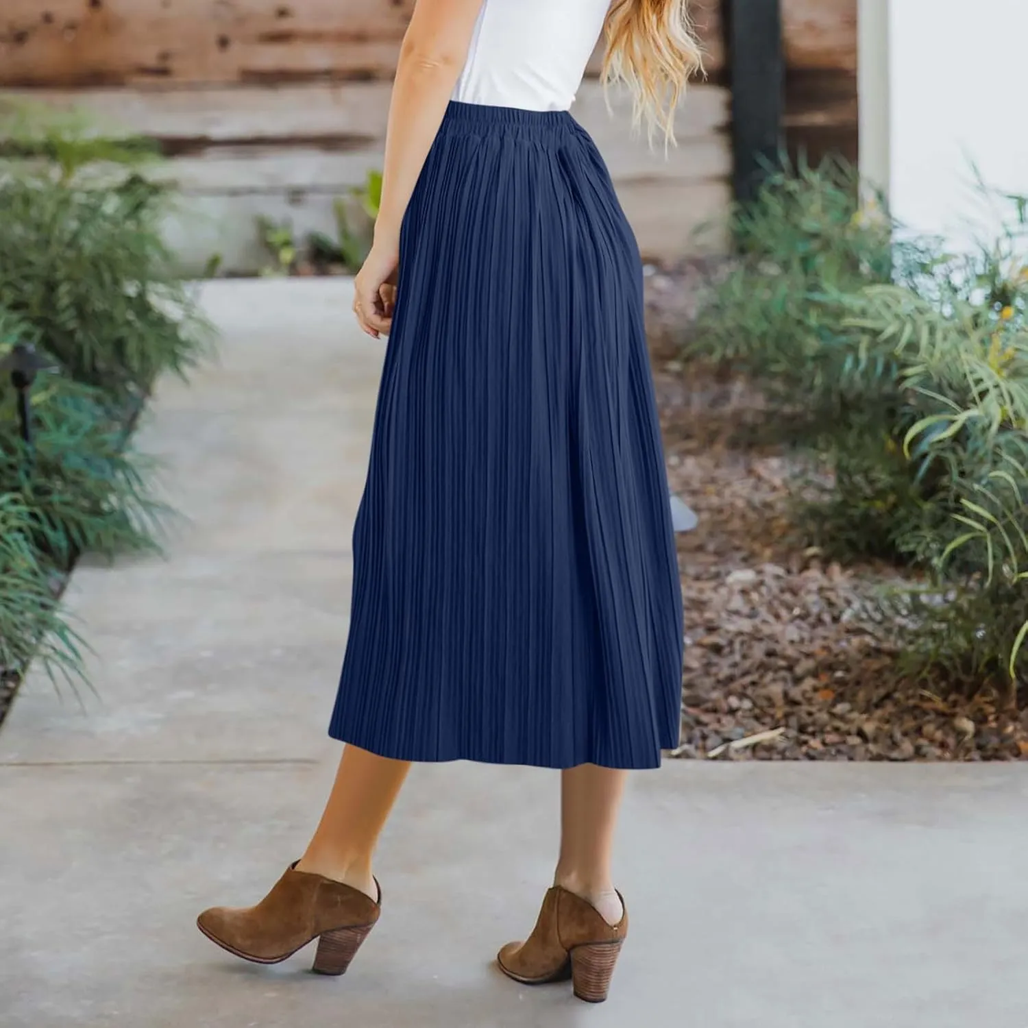 Women's Pleated Midi Skirt Flowy Summer Pleated High Waisted Casual Button Front Skirts with Pockets