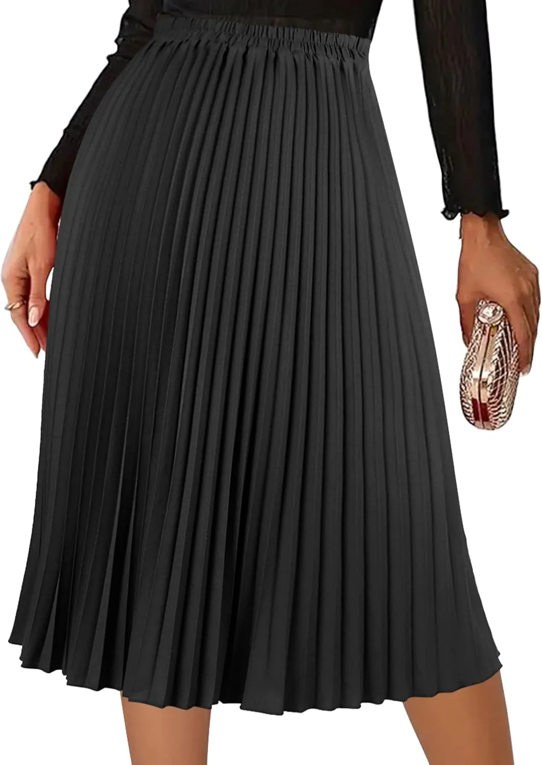 Women's Pleated Skirts High Elastic Waist A-Line Swing Skirt Midi Length