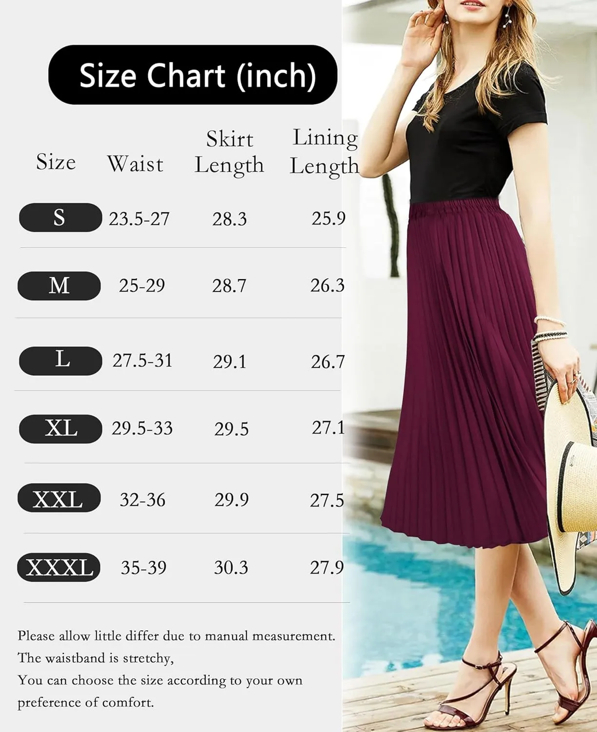 Women's Pleated Skirts High Elastic Waist A-Line Swing Skirt Midi Length