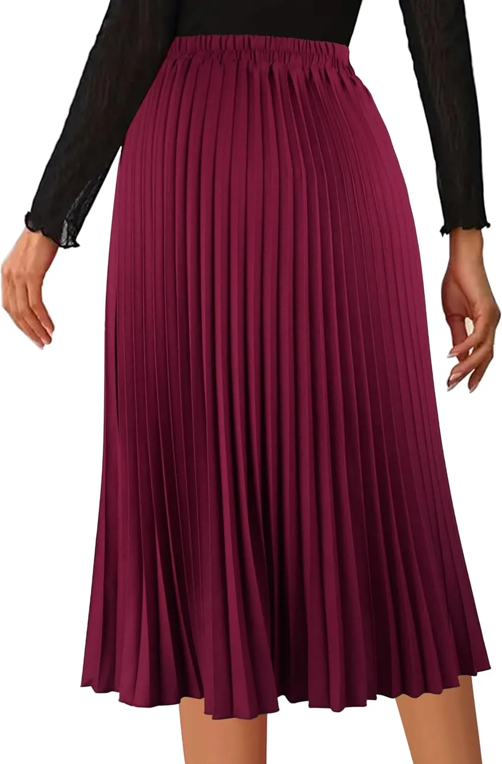 Women's Pleated Skirts High Elastic Waist A-Line Swing Skirt Midi Length
