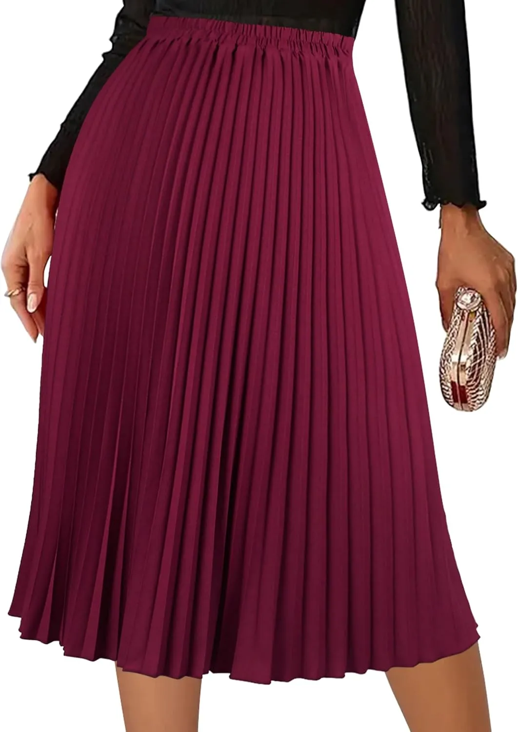 Women's Pleated Skirts High Elastic Waist A-Line Swing Skirt Midi Length