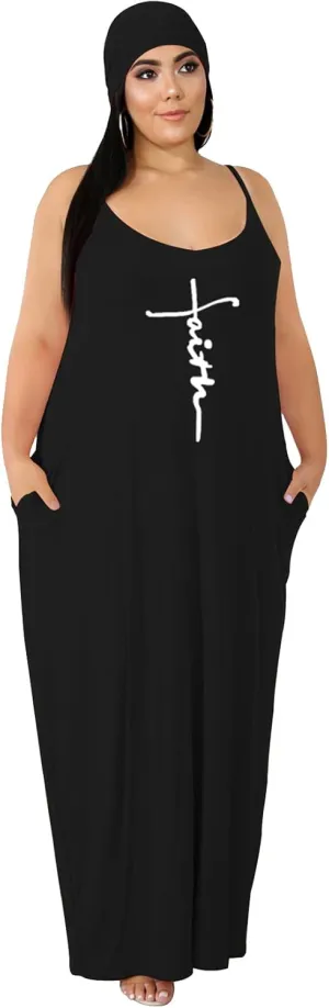 Women's Plus Size Casual Maxi Dresses Summer Suspender Beach Dress Sundress with Pockets