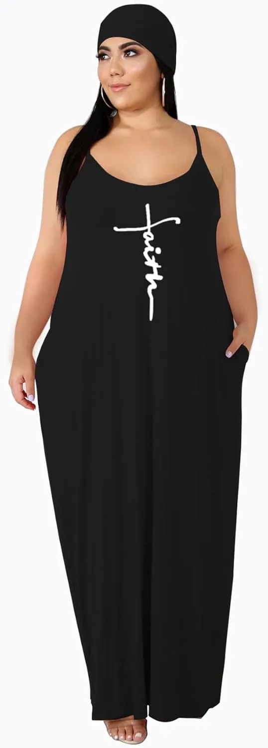 Women's Plus Size Casual Maxi Dresses Summer Suspender Beach Dress Sundress with Pockets