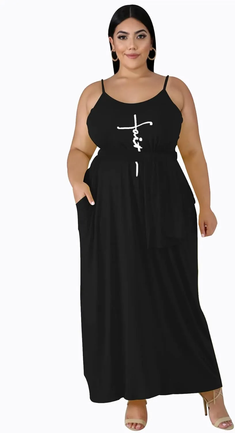 Women's Plus Size Casual Maxi Dresses Summer Suspender Beach Dress Sundress with Pockets