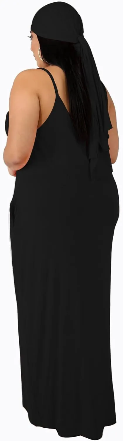 Women's Plus Size Casual Maxi Dresses Summer Suspender Beach Dress Sundress with Pockets