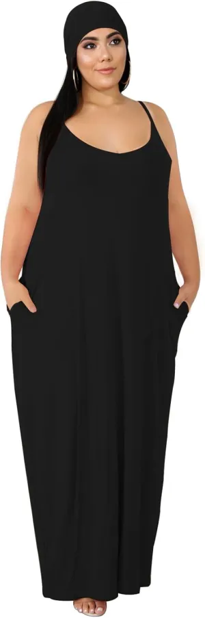Women's Plus Size Casual Maxi Dresses Summer Suspender Beach Dress Sundress with Pockets