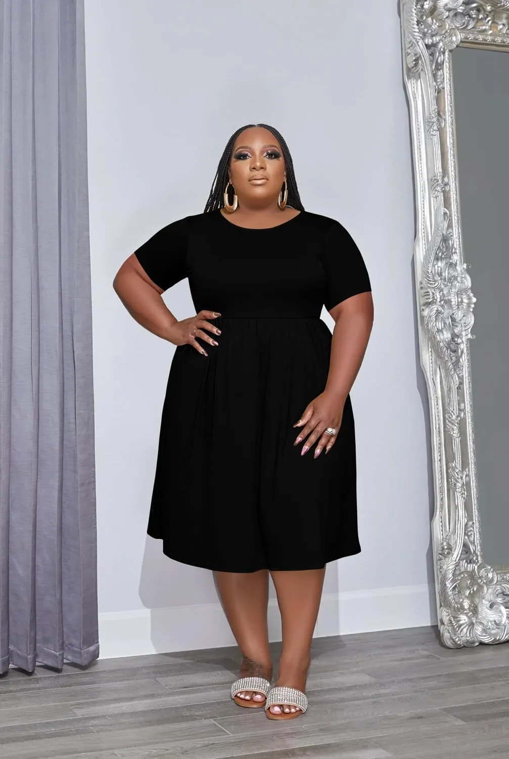 Women's Plus Size Casual Midi Dress Summer Short Sleeve Beach Dress Swing Flowy Tiered Dresses