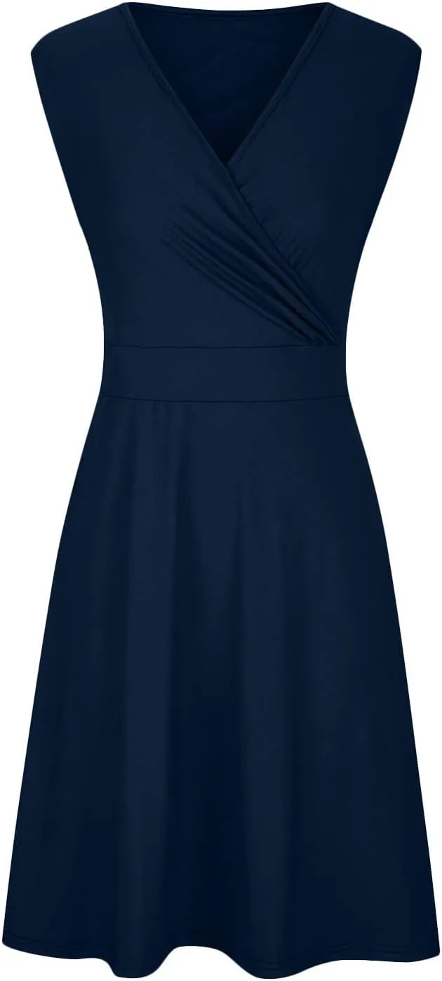 Womens Plus Size Casual Summer Dresses Sleeveless V Neck Midi Dress A Line Sundress Vacation Outfits with Pockets