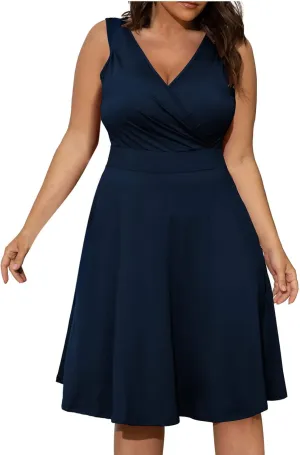 Womens Plus Size Casual Summer Dresses Sleeveless V Neck Midi Dress A Line Sundress Vacation Outfits with Pockets