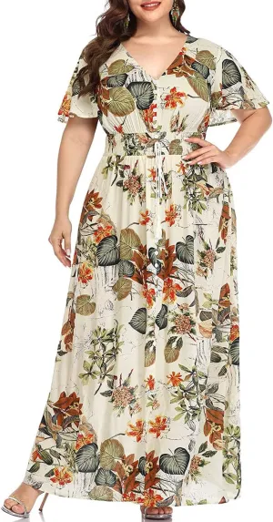 Women's Plus Size Floral Print Button Up Short Sleeve Split Flowy Beach Party Maxi Dress