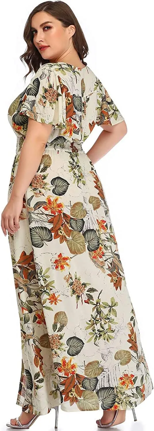 Women's Plus Size Floral Print Button Up Short Sleeve Split Flowy Beach Party Maxi Dress