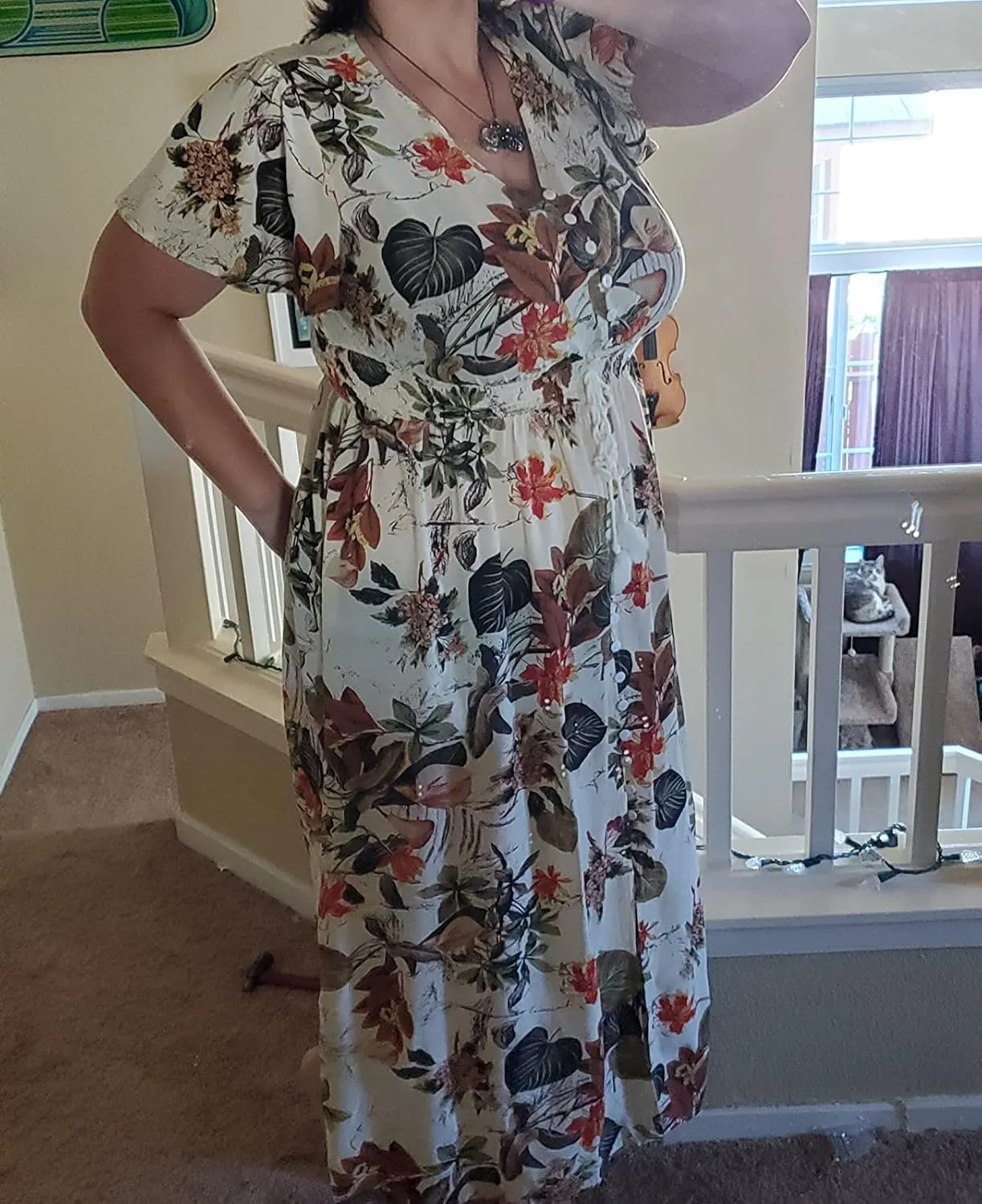 Women's Plus Size Floral Print Button Up Short Sleeve Split Flowy Beach Party Maxi Dress