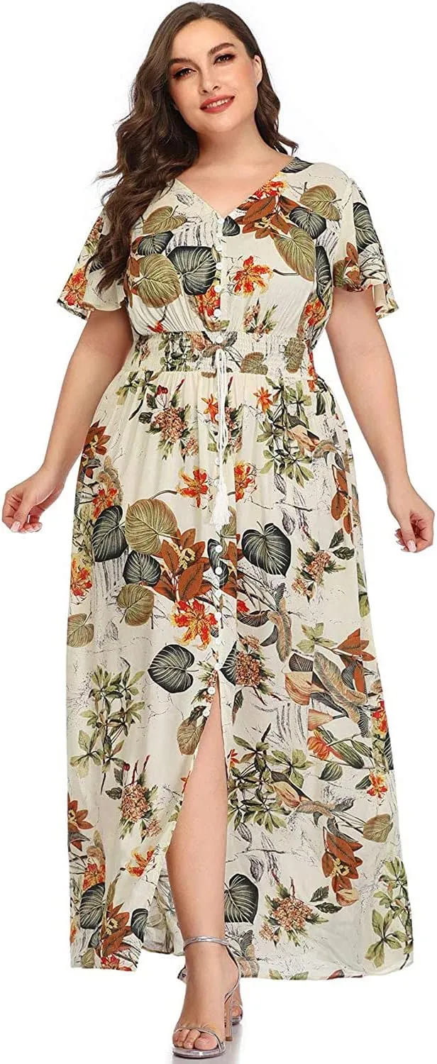 Women's Plus Size Floral Print Button Up Short Sleeve Split Flowy Beach Party Maxi Dress