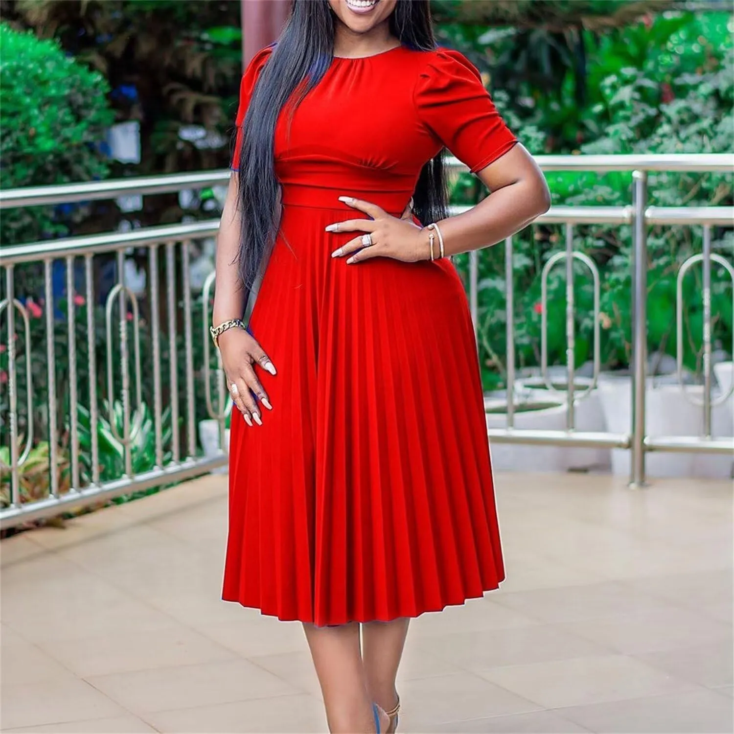 Women's Plus Size Midi Dress Empire Waist Loose Fit Dress Swing Short Sleeve Casual Dresses Crew Neck Flowy Dresses