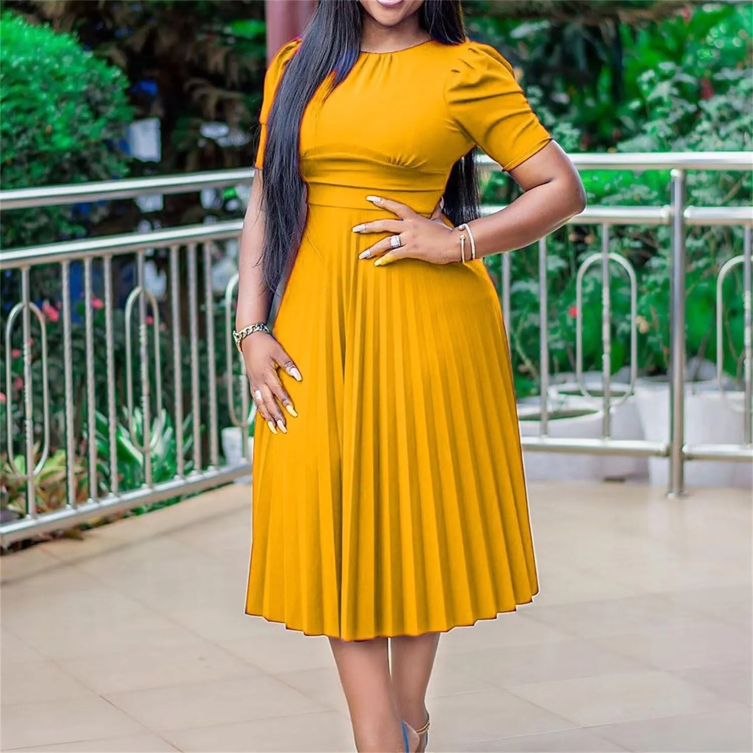Women's Plus Size Midi Dress Empire Waist Loose Fit Dress Swing Short Sleeve Casual Dresses Crew Neck Flowy Dresses