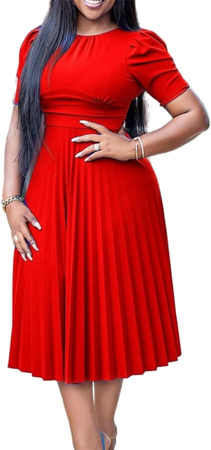 Women's Plus Size Midi Dress Empire Waist Loose Fit Dress Swing Short Sleeve Casual Dresses Crew Neck Flowy Dresses