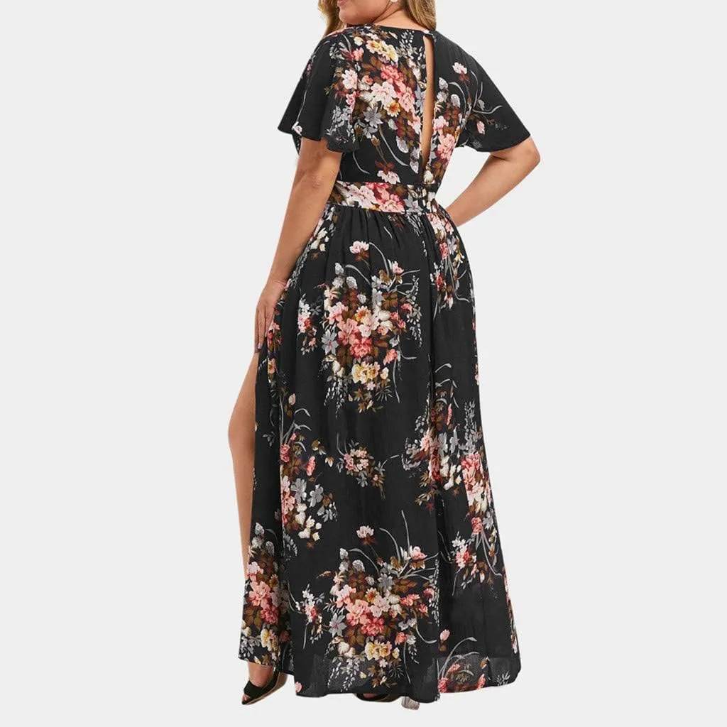 Womens Plus Size Summer Dress Short Sleeve Casual Floral Maxi Dresses High Waist Cocktail Flowy Wrap Sundress