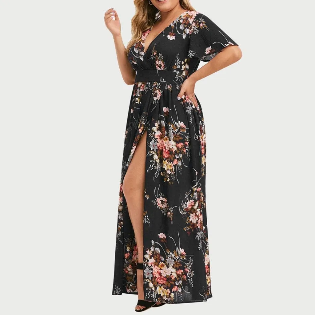 Womens Plus Size Summer Dress Short Sleeve Casual Floral Maxi Dresses High Waist Cocktail Flowy Wrap Sundress