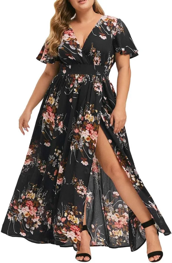 Womens Plus Size Summer Dress Short Sleeve Casual Floral Maxi Dresses High Waist Cocktail Flowy Wrap Sundress