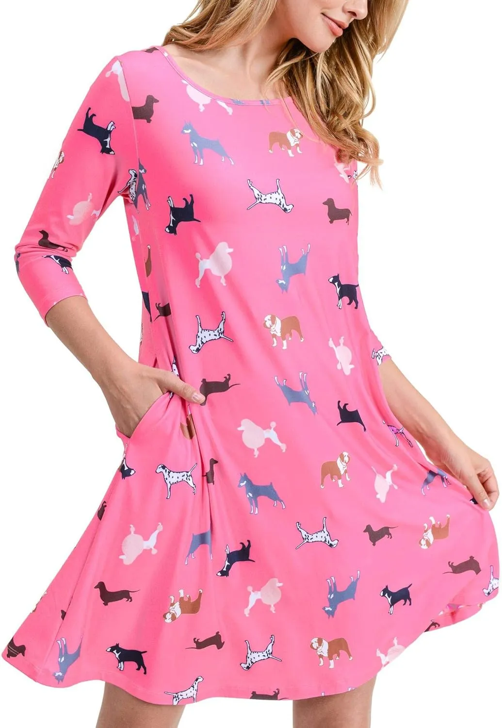 Womens Printed Crew Neck A-Line Dresses with Pockets Casual Tropical Floral Novelty Animal Christmas Patterns