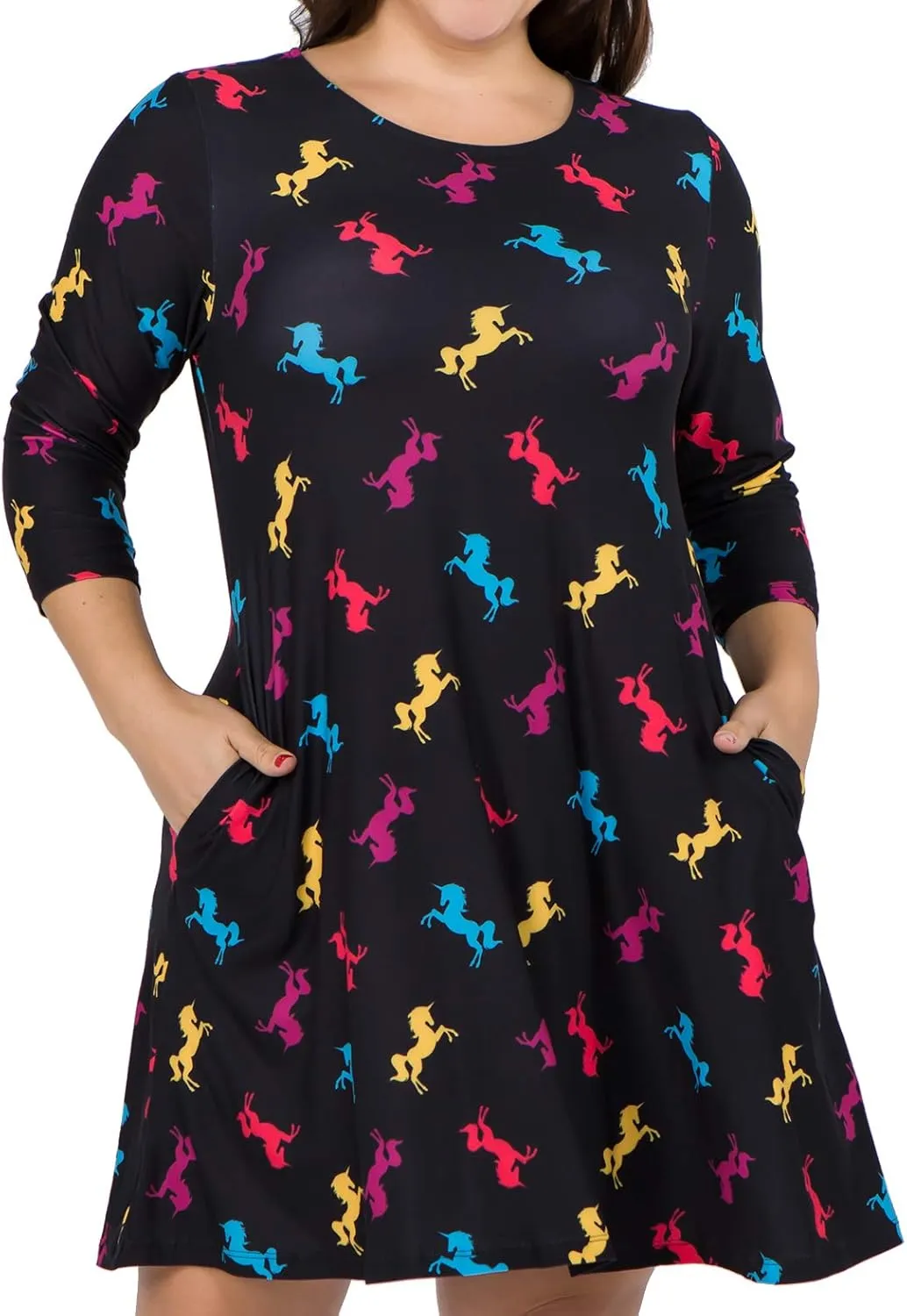 Womens Printed Crew Neck A-Line Dresses with Pockets Casual Tropical Floral Novelty Animal Christmas Patterns