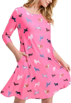 Womens Printed Crew Neck A-Line Dresses with Pockets Casual Tropical Floral Novelty Animal Christmas Patterns