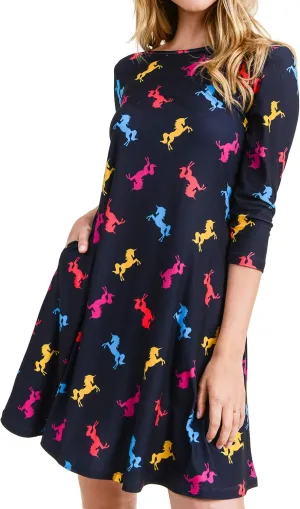 Womens Printed Crew Neck A-Line Dresses with Pockets Casual Tropical Floral Novelty Animal Christmas Patterns