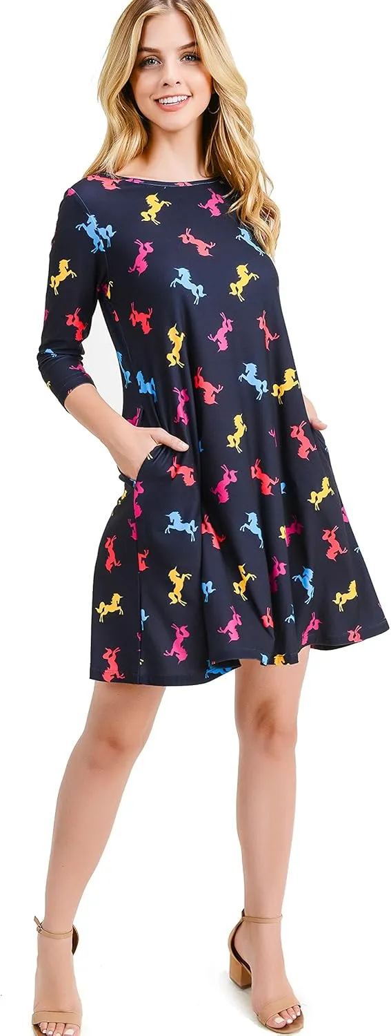 Womens Printed Crew Neck A-Line Dresses with Pockets Casual Tropical Floral Novelty Animal Christmas Patterns