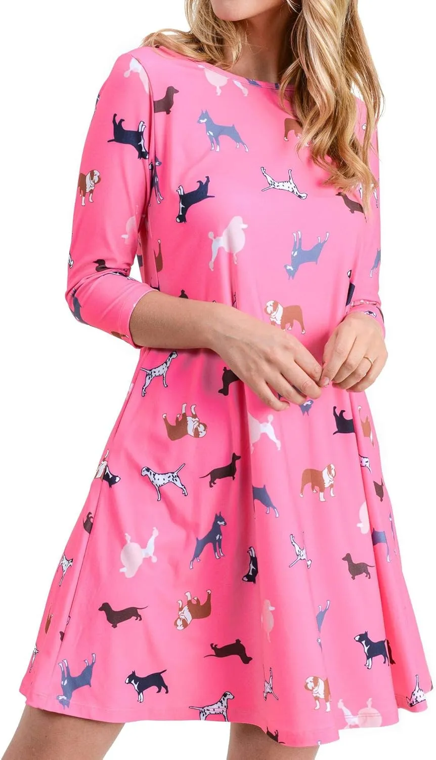 Womens Printed Crew Neck A-Line Dresses with Pockets Casual Tropical Floral Novelty Animal Christmas Patterns