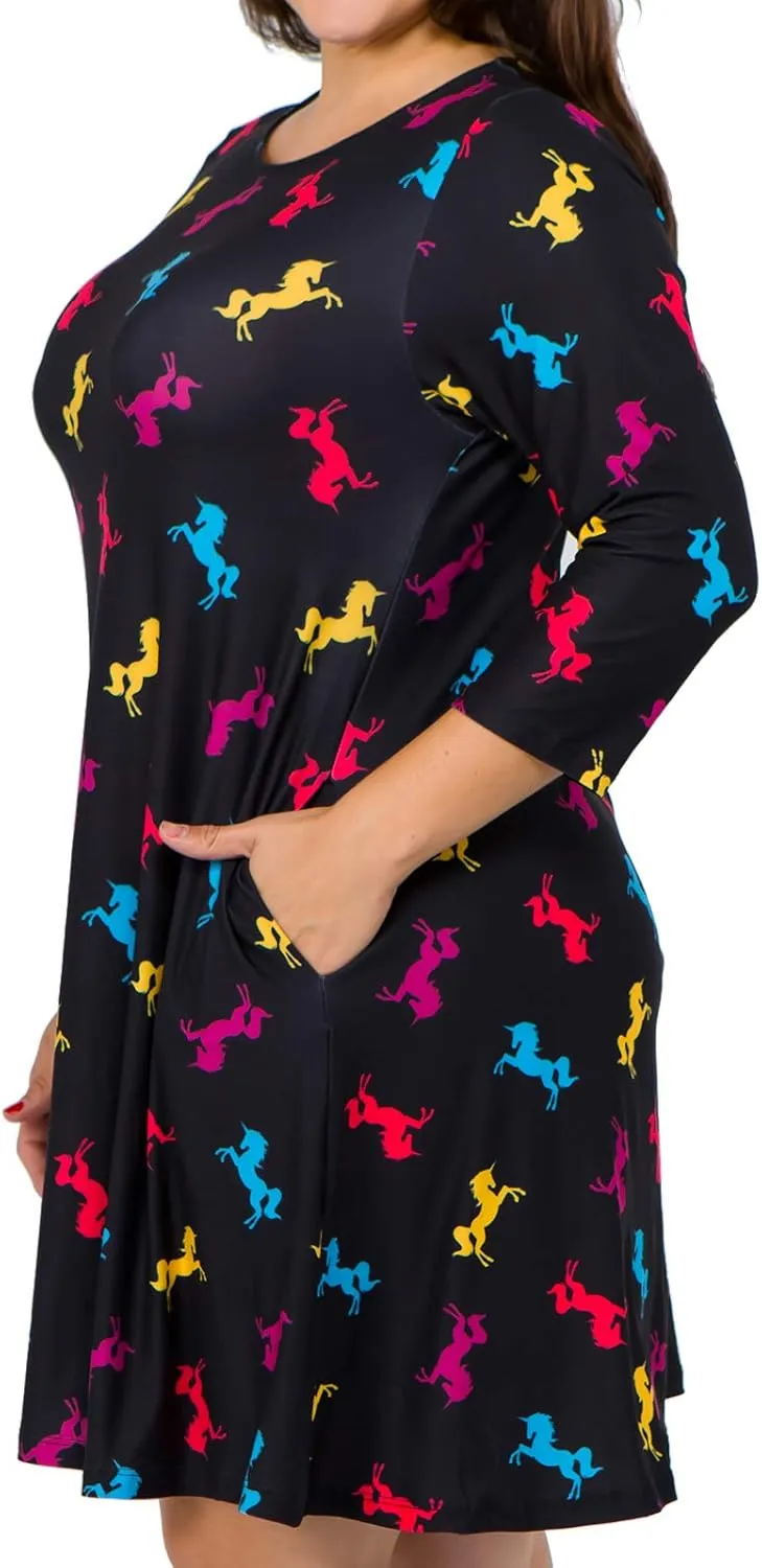 Womens Printed Crew Neck A-Line Dresses with Pockets Casual Tropical Floral Novelty Animal Christmas Patterns