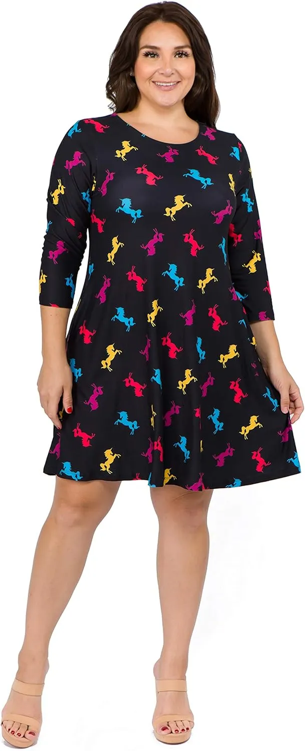 Womens Printed Crew Neck A-Line Dresses with Pockets Casual Tropical Floral Novelty Animal Christmas Patterns