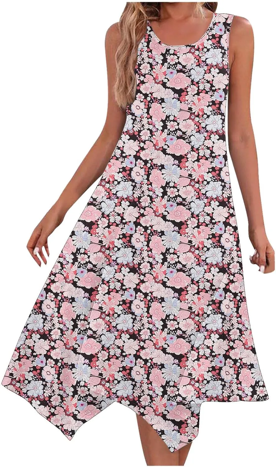 Womens Printed Crewneck Tank Dress Handkerchief Hem Sleeveless Boho Maxi Dresses Casual Summer Flowy Beach Sundress