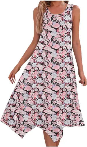 Womens Printed Crewneck Tank Dress Handkerchief Hem Sleeveless Boho Maxi Dresses Casual Summer Flowy Beach Sundress