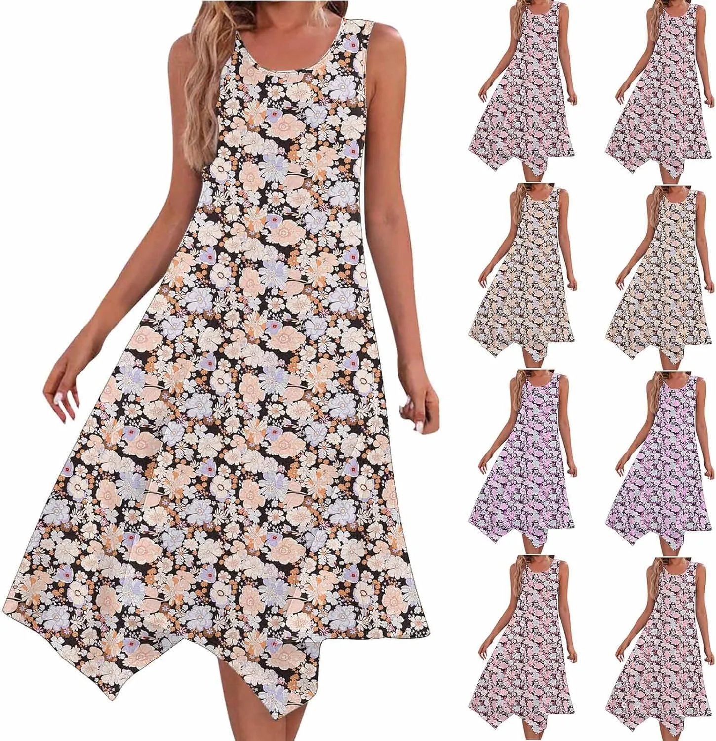 Womens Printed Crewneck Tank Dress Handkerchief Hem Sleeveless Boho Maxi Dresses Casual Summer Flowy Beach Sundress