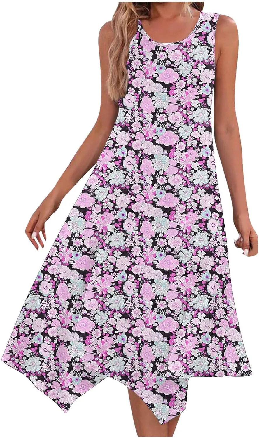 Womens Printed Crewneck Tank Dress Handkerchief Hem Sleeveless Boho Maxi Dresses Casual Summer Flowy Beach Sundress