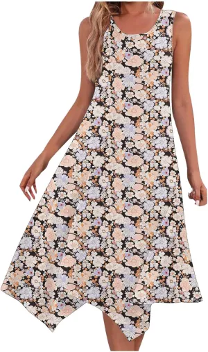 Womens Printed Crewneck Tank Dress Handkerchief Hem Sleeveless Boho Maxi Dresses Casual Summer Flowy Beach Sundress