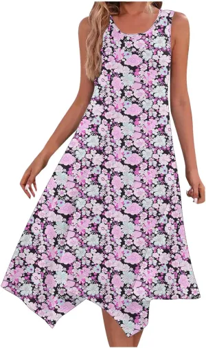 Womens Printed Crewneck Tank Dress Handkerchief Hem Sleeveless Boho Maxi Dresses Casual Summer Flowy Beach Sundress