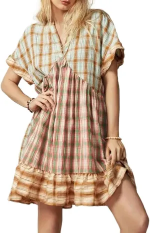 Womens Puff Short Sleeve Mini Dress Flowy Y2k Ruffle Lace Trim Babydoll Tie Bow Front Embroidered A Line Dresses