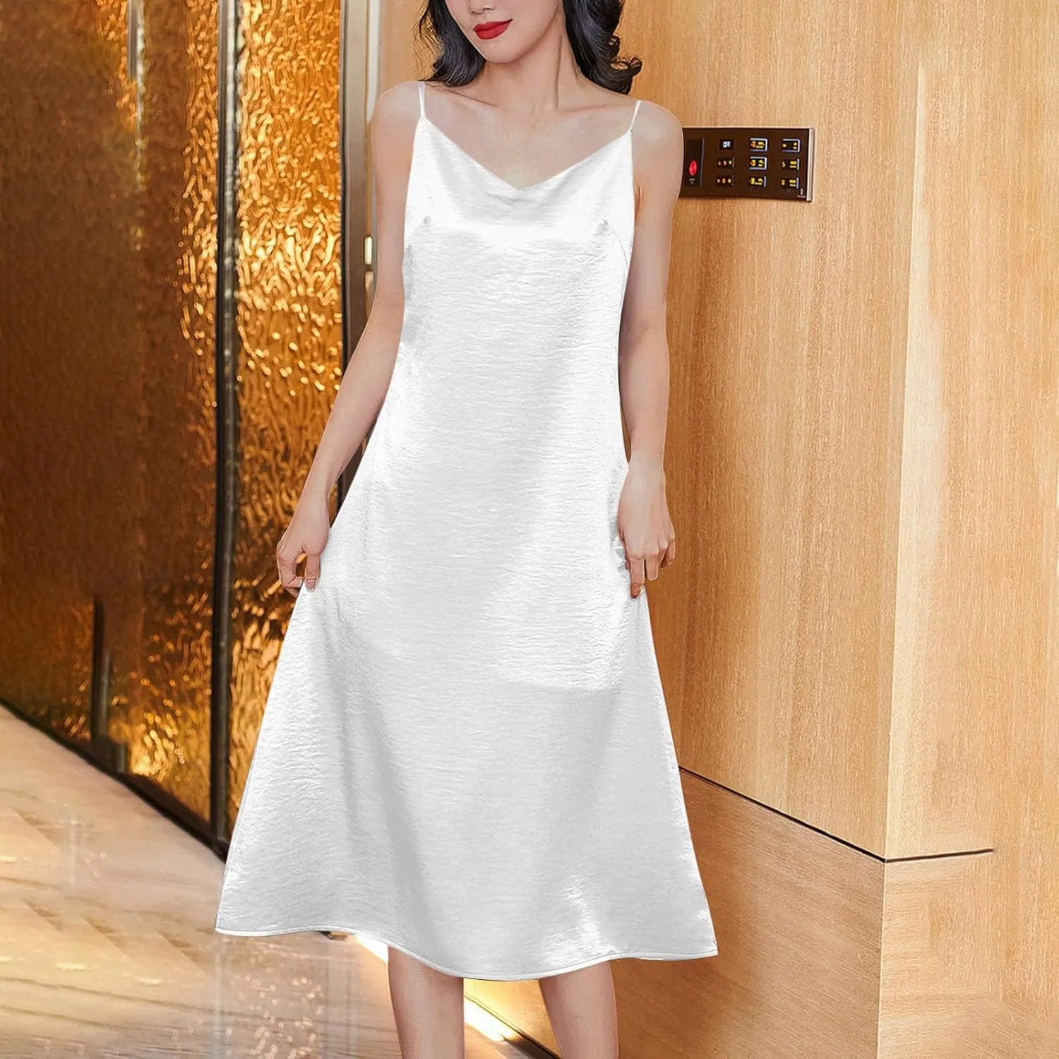 Womens Satin Silk Midi Dress Spaghetti Strap Cowl Neck Dresses Casual Fashion Ruched Evening Party Cocktail Dress