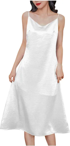 Womens Satin Silk Midi Dress Spaghetti Strap Cowl Neck Dresses Casual Fashion Ruched Evening Party Cocktail Dress